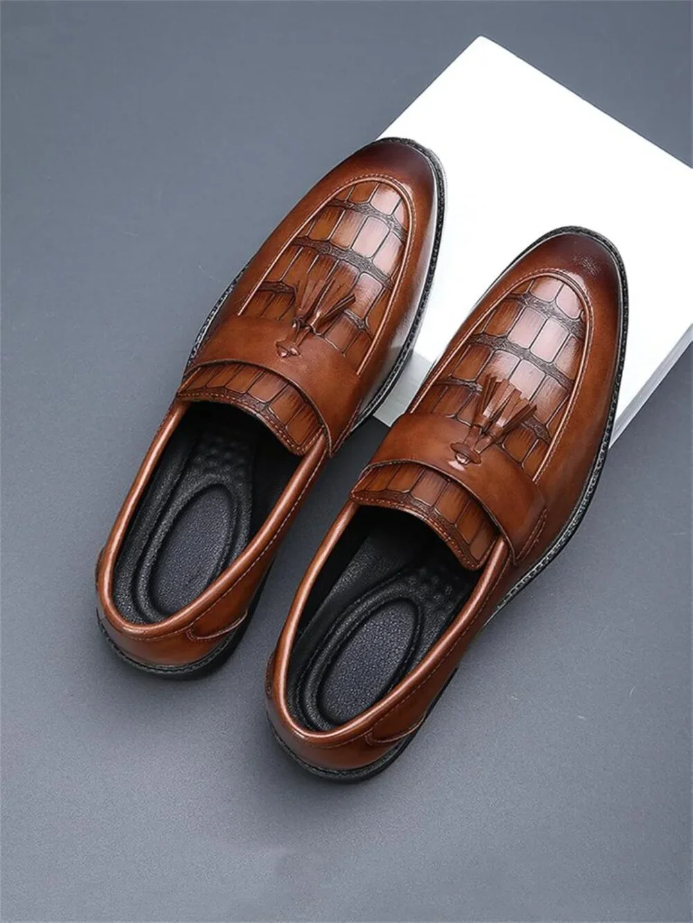 Men's Brown Crocodile Print Tassel Slip On Loafers Business Formal Dress Shoes